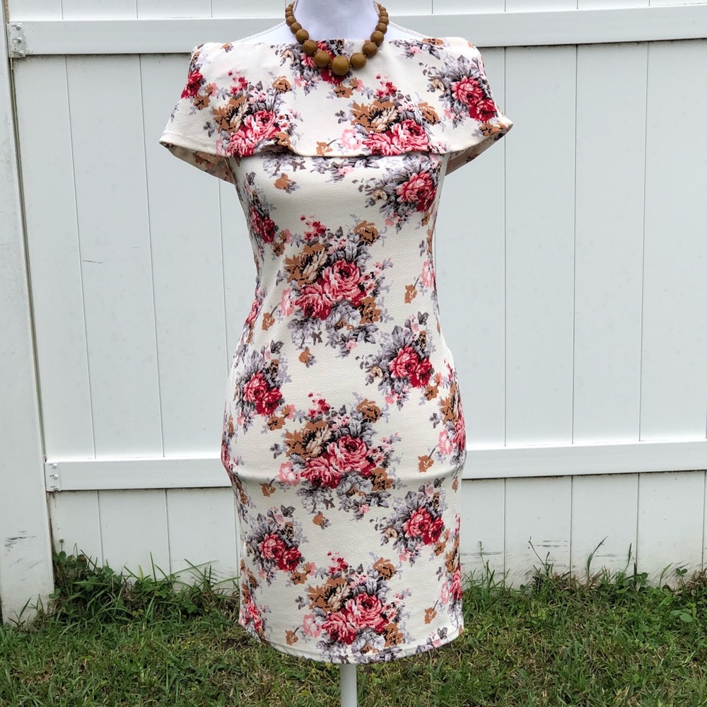 Floral Off the Shoulder Midi Body Con Dress